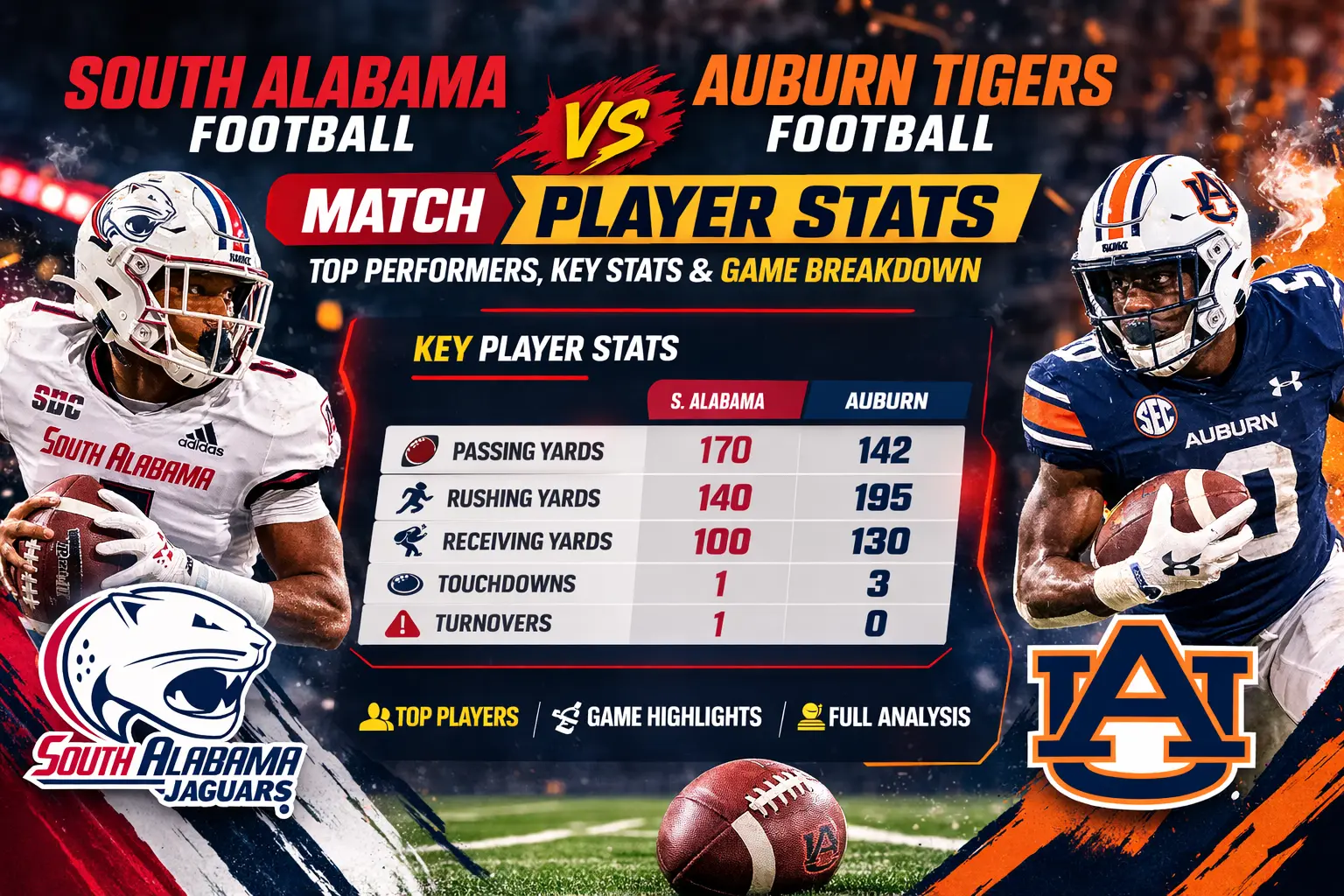 south alabama football vs auburn tigers football match player stats